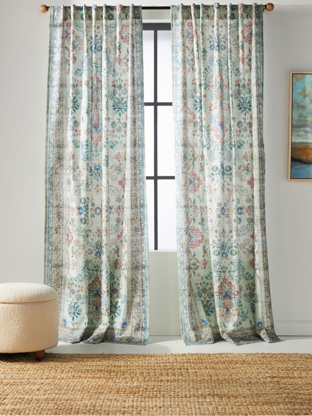 Anthropologie Printed Curtain Panels in Blue, Cream & Coral 50x96